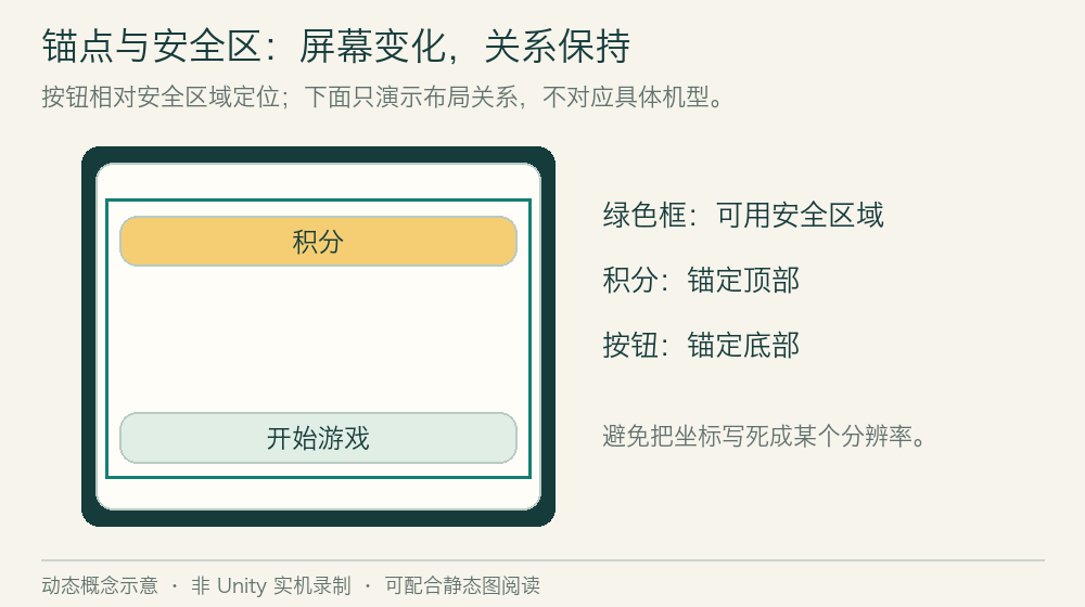 不同屏幕长宽比下,资源栏与底部按钮保持边距,棋盘随可用空间调整