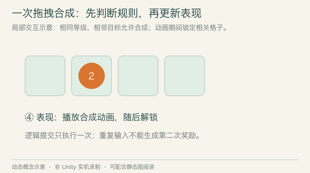 玩家把两个同等级物品合并,目标物品升级,源格清空并更新得分